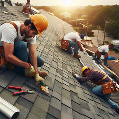 A group of construction workers installing shingles on a roof at sunset. High-altitude work. - obrazy, fototapety, plakaty
