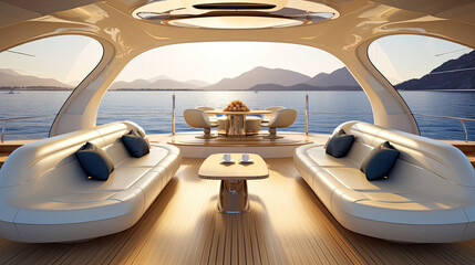 Luxury yacht interior with sea views navy-blue palette plush seating and golden lighting