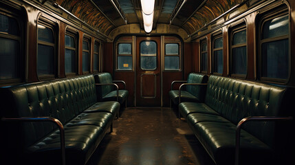 Moody vintage subway car with burgundy seats aged advertisements and amber lighting - obrazy, fototapety, plakaty