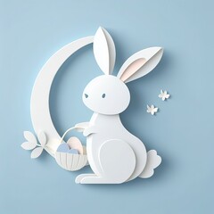 abstract illustration of happy easter bunny and eggs cut from paper on color background