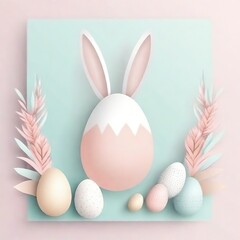 Happy Easter paper art with Easter eggs and rabbit, greeting card. Paper cut style