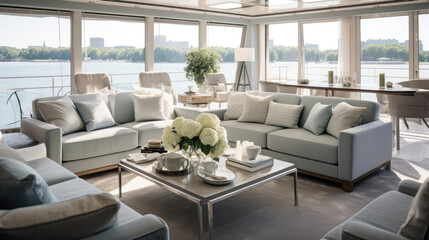 Luxurious river cruise boat lounge with panoramic views soft blues and plush seating