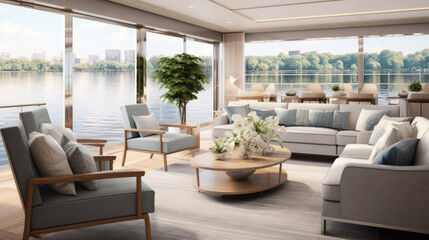 Obraz premium Luxurious river cruise boat lounge with panoramic views soft blues and plush seating