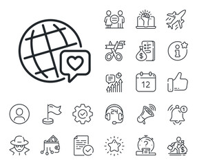 Friendship love sign. Salaryman, gender equality and alert bell outline icons. Friends world line icon. World brand ambassador symbol. World brand line sign. Spy or profile placeholder icon. Vector