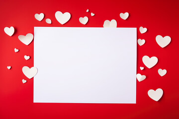 White sheet mockup on red Valentines Day background with hearts.