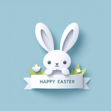 abstract illustration of happy easter bunny cut from paper on color background