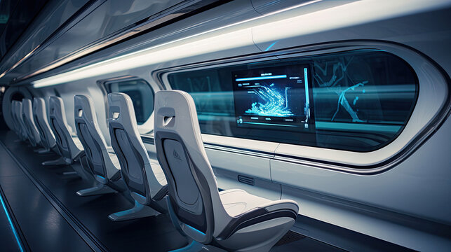 Sleek monorail interior comfy seats interactive displays futuristic lighting