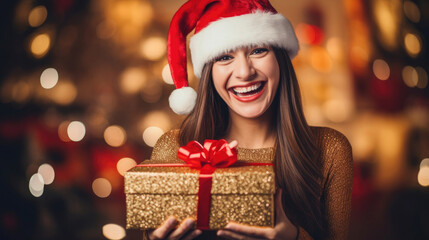Fototapeta na wymiar Happy woman in Santa hat with gift colorful decorations warm golden glow