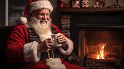 Playful man in Santa hat with cocoa cozy living room stockings by the hearth