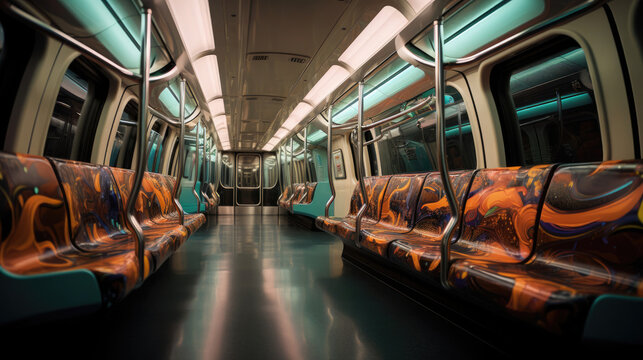 Surreal train interior floating seating dynamic LED displays changing lighting