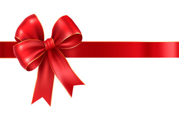 Red ribbon with bow , border for a birthday or Christmas banner, border isolated  on white and transparent background - obrazy, fototapety, plakaty