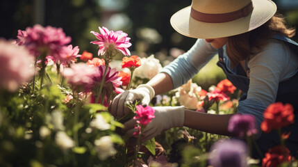 Joyful gardener tending vibrant flowers in sun-drenched garden - obrazy, fototapety, plakaty