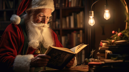 Contented book lover in Santa hat reading by lamplight surrounded by books - obrazy, fototapety, plakaty