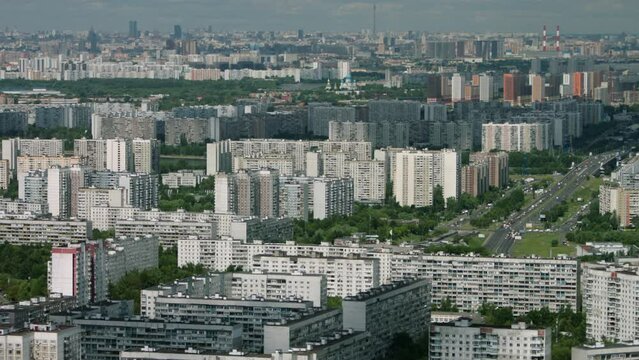 Russia Moscow. A modern microdistrict on the outskirts of Moscow, the capital of Russia, from a bird's eye view. Panoramic top view of modern apartment buildings, highways, streets and squares