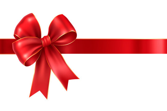 Red ribbon with bow , border for a birthday or Christmas banner, border isolated  on white and transparent background