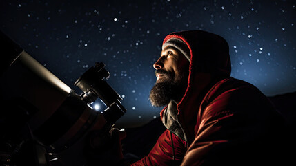 Delighted astronomer in hat gazes at star-studded sky through powerful telescope remote observatory - obrazy, fototapety, plakaty