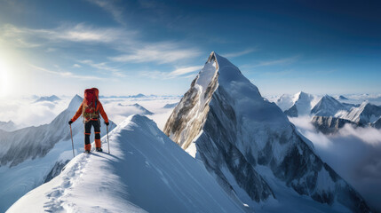 Contented mountain climber conquers peak  breathtaking views of snow-covered summits - obrazy, fototapety, plakaty