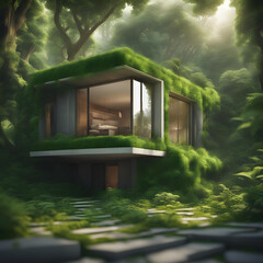 A house in a lush forest, with walls made entirely of vibrant green vegetation