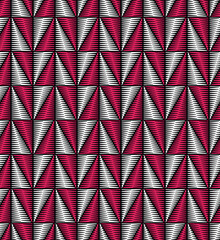 Tessellated surface with red and white triangles made of zigzag lines. Abstract geometric design. Seamless repeating pattern. Vector illustration.