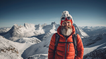 Hiker in hat triumphs on snowy peak