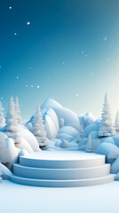 Winter landscape with podium and snowy mountains. Christmas and New Year background.