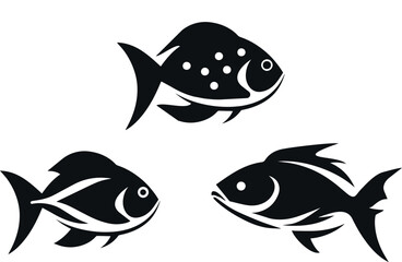 A set of silhouettes of three decorative fish. Vector on a gray background