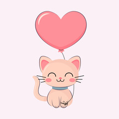 Cute cat with a heart shaped balloon. Happy Valentine's Day greeting card. Cat cartoon character in love 