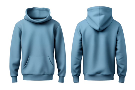  Mockup Blank blu hoodie in front and back view, transparent background