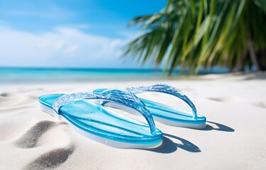 color flip-flops on white beach sand over blue transparent ocean wave background