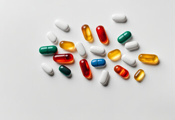 Pills, vitamins, capsules. White background. Top view.