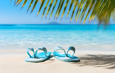 color flip-flops on white beach sand over blue transparent ocean wave background