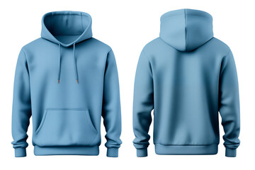  Mockup Blank blu hoodie in front and back view, transparent background