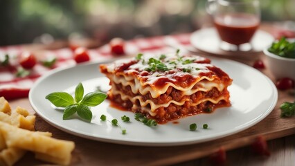 An aromatic plate of beef and vegetable lasagna oozing with melted cheese and a flavorful tomato sauce
