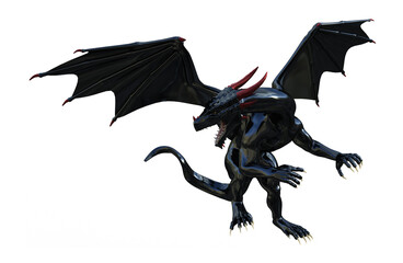 Illustration of a black winged dragon with head turned to the left and wings spread high in attack mode on a white background.