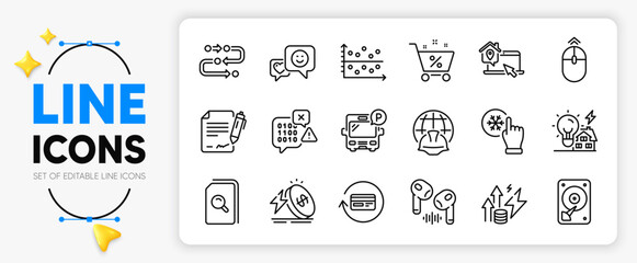 Smile, Refund commission and Global engineering line icons set for app include Energy inflation, Headphone, Methodology outline thin icon. Bus parking, Loan percent. Vector