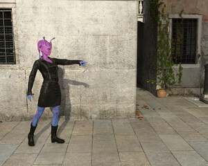 Illustration of a female alien with pink and blue skin pointing while standing on a tiled street in the late afternoon.