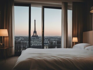Eiffel tower seen from hotel room bed
