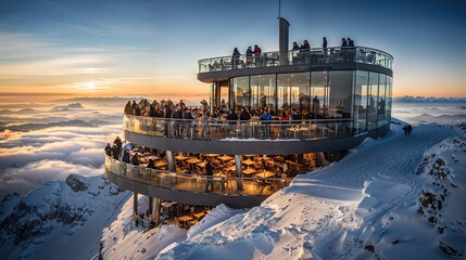 restaurant panoramique d'altitude en position dominante au sommet des montagnes enneigées - obrazy, fototapety, plakaty