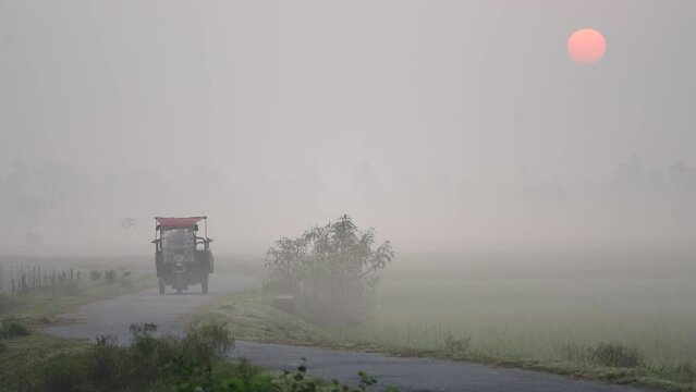 Foggy winter morning video of rural Bangladesh with ambient sound. Serene and picturesque footage for use in videos about nature, travel, and rural life. Biking, cycling, hiking, travel, vacation