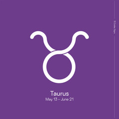 The 13 signs of the zodiac. New horoscope. Zodiac sign with binding on lilac background. Zodiacal signs in astrological system. Taurus.