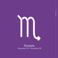 The 13 signs of the zodiac. New horoscope. Zodiac sign with binding on lilac background. Zodiacal signs in astrological system. Scorpio.