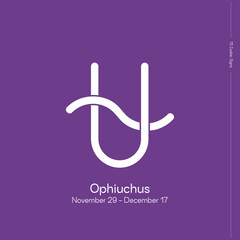 Fototapeta premium The 13 signs of the zodiac. New horoscope. Zodiac sign with binding on lilac background. Zodiacal signs in astrological system. Ophiuchus.