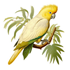 Cockatoo Parakeet transparent png, A yellow parrot with green leaves is sitting on a large branch, in the style of golden age illustrations, light beige and whites, Australian Parrots