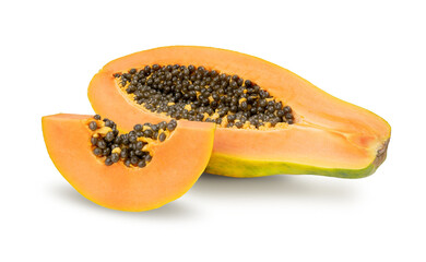 Papaya fruit cut in half isolated on white background. BIO fruits.