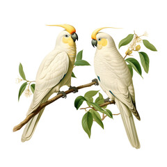Cockatoo Parakeet transparent png, yellow parrot with green leaves is sitting on a large branch, in the style of golden age illustrations, light beige and whites, Australian Parrots