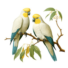 Cockatoo Parakeet transparent png, yellow parrot with green leaves, is sitting on a large branch, in the style of golden age illustrations, light beige and whites. Australian Parrots. - obrazy, fototapety, plakaty