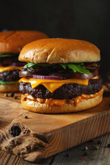 Two delicious homemade burgers of beef, cheese and mushrooms on an wooden table. Fat unhealthy food
