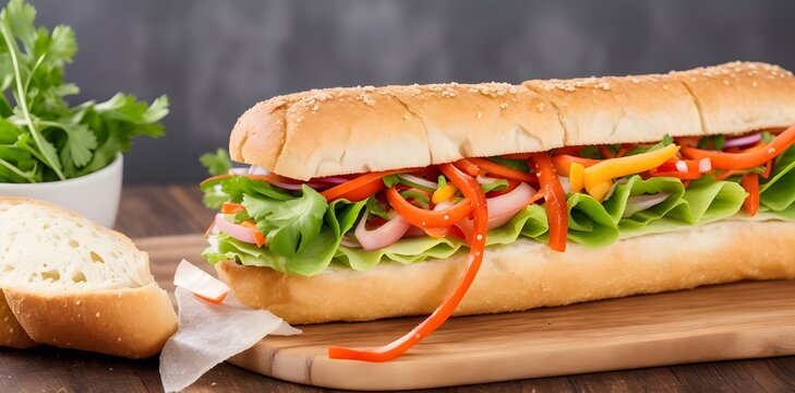 Banh Mi sandwich: crisp baguette bread, meat, cheese, fresh and pickled vegetables