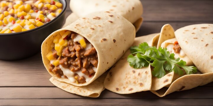 Burritos: cylindrically rolled flour tortilla stuffed ingredients of choice