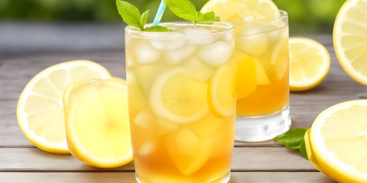 ICED TEA AND LEMONADE on the wooden table bokeh lights background with copy space